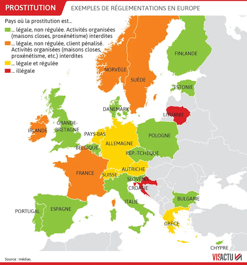 Carte d'Europe des différents modèles juridiques concernant la prostitution.